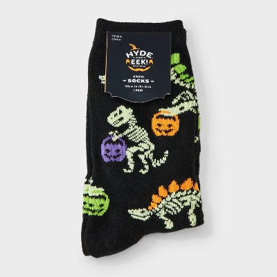 Women's Glow-in-the-Dark Trick-or-Treat Dinosaur Halloween Crew Socks - Hyde And EEK! Boutique™ Black 4 - 10 1 Women's Glow-in-the-Dark Trick-or-Treat Dinosaur Halloween Crew Socks - Hyde And EEK! Boutique™ Black 4 - 10