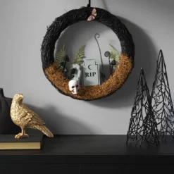 16" Twig Tombstone Halloween Scene Wreath - Hyde And EEK! Boutique™: Black Faux Floral, Indoor Wall Decor